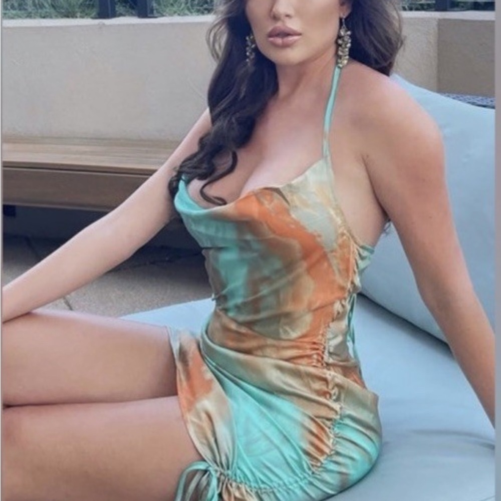 Fashion Nova Mint and Orange Satin Mini Dress